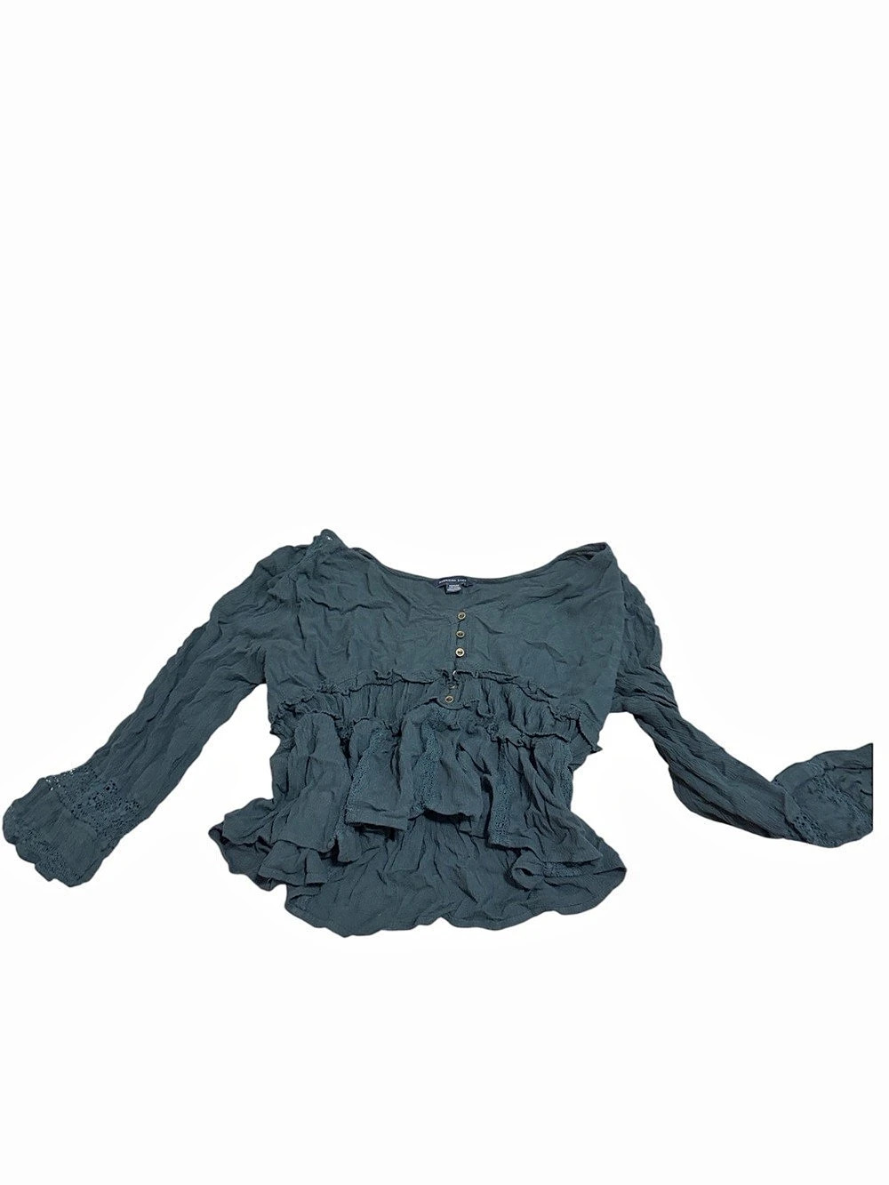 American Eagle Ruffled Long Sleeve Blouse in Green Size Medium
